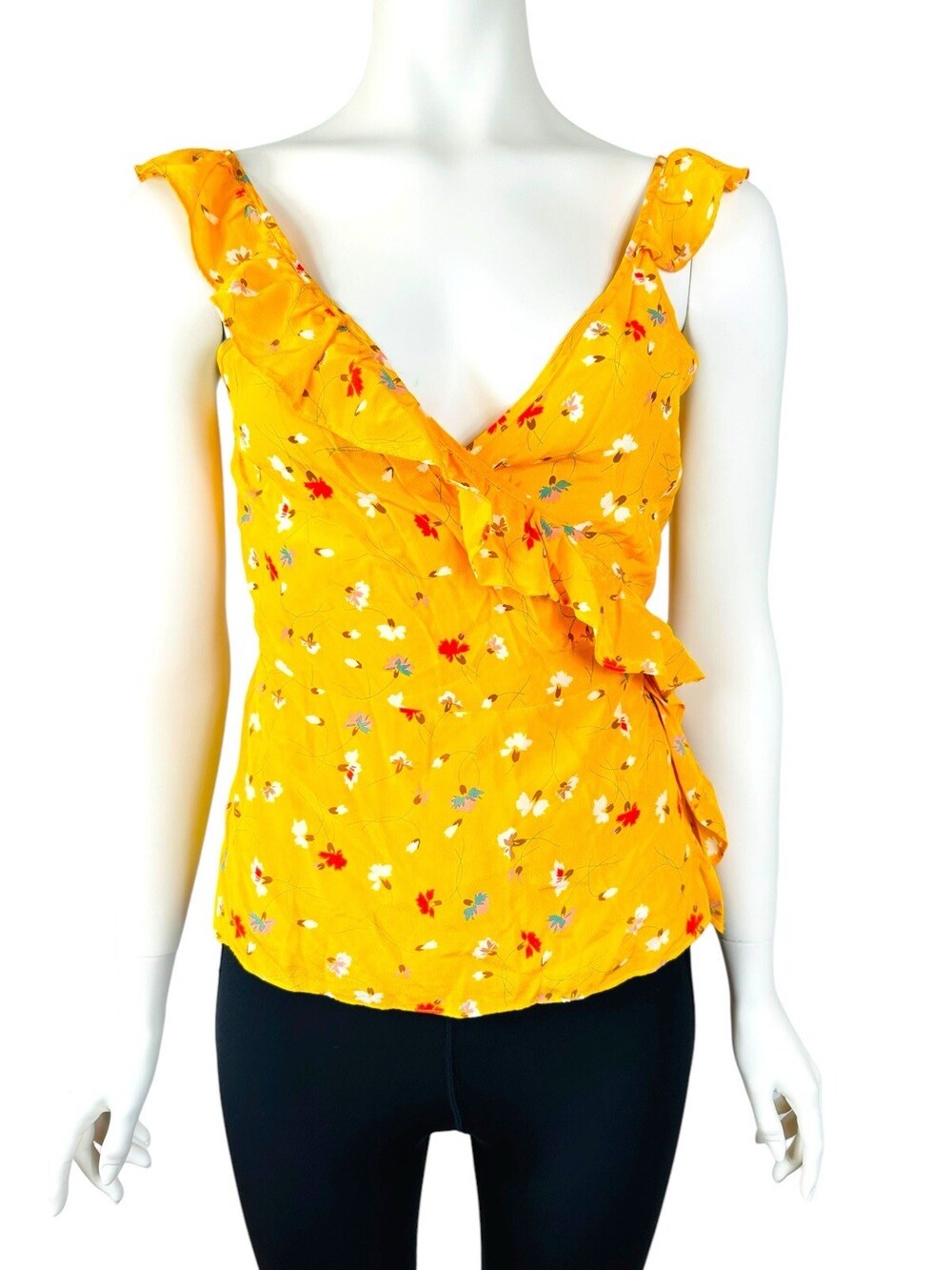Madewell Wrap Tank Top Women's 2 Painted Carnations Yellow 100% Silk Ruffle Tie